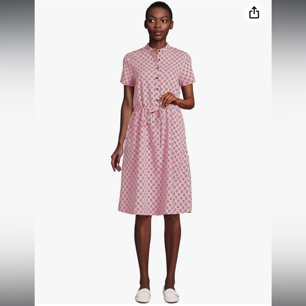 Lands' End Pink Wood Lily Medallion Tile Short Sleeve Button Front Mini Dress L